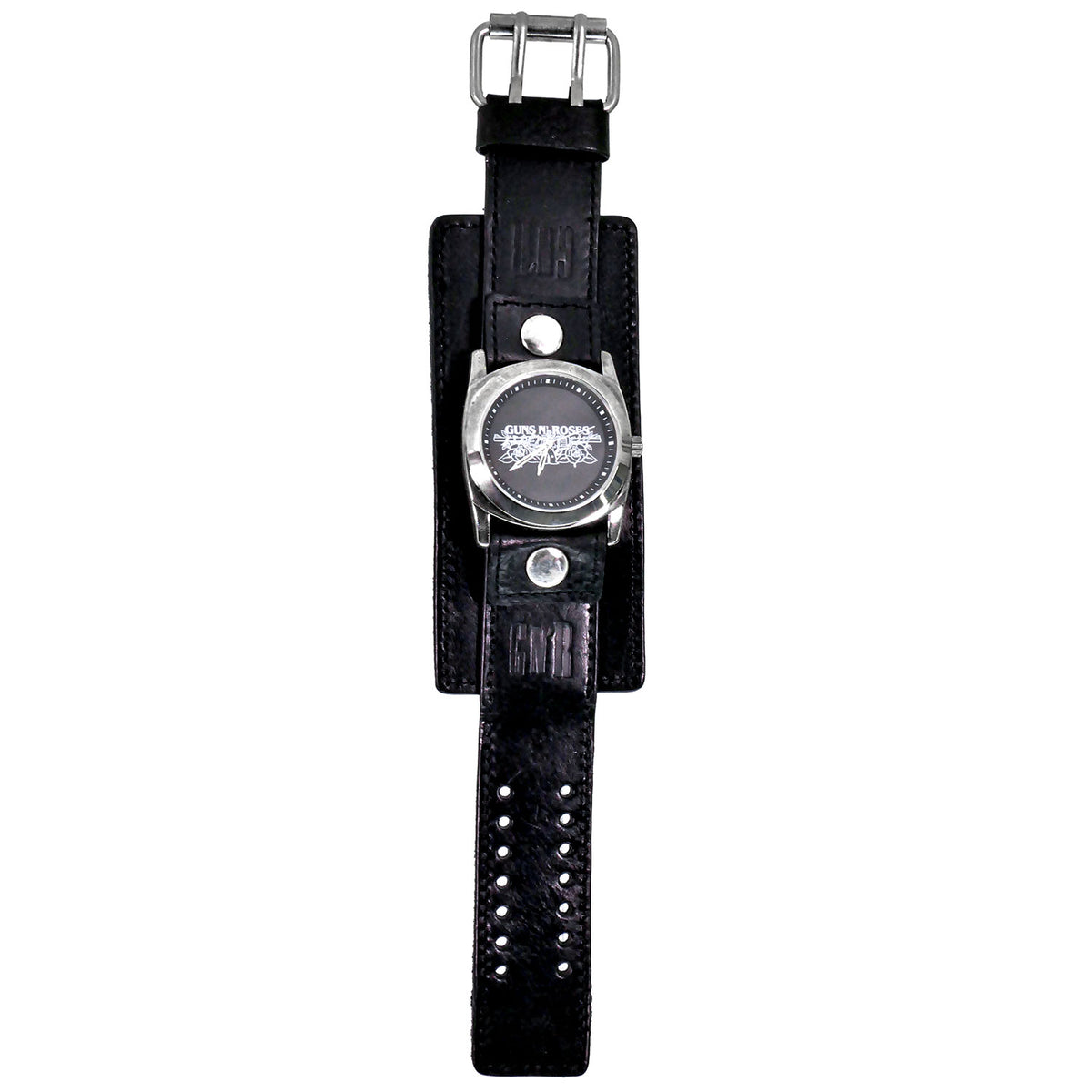 Guns N Roses Leather Band Wrist Watch Triple Wide Silver Rings Front