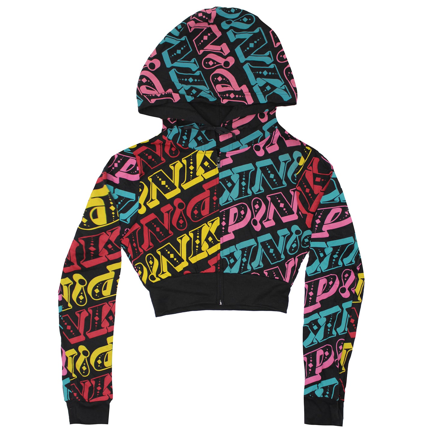 Pink Allover Multi Color Logos Girls Jr Hooded Sweatshirt Front