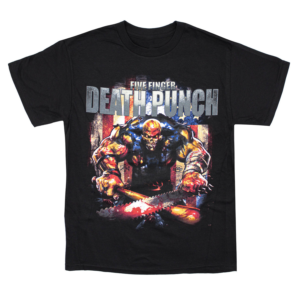 Five Finger Death Punch American Flag & Knucklead With Bloody Weapons Art & Logo T-shirt Front