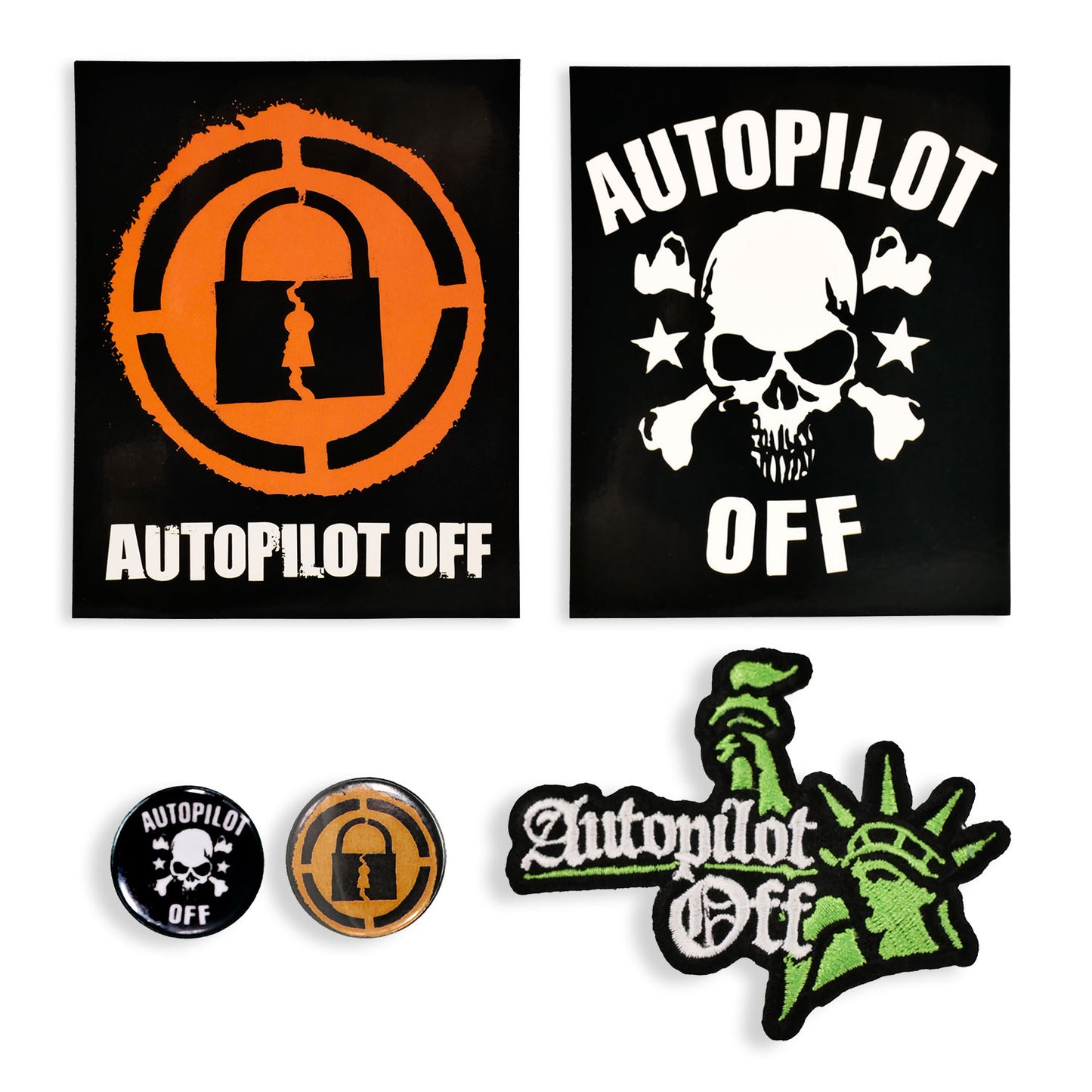 Autopilot Off 2X Vinyl Stickers, Patch, 2X Button Badges Collector Items Front