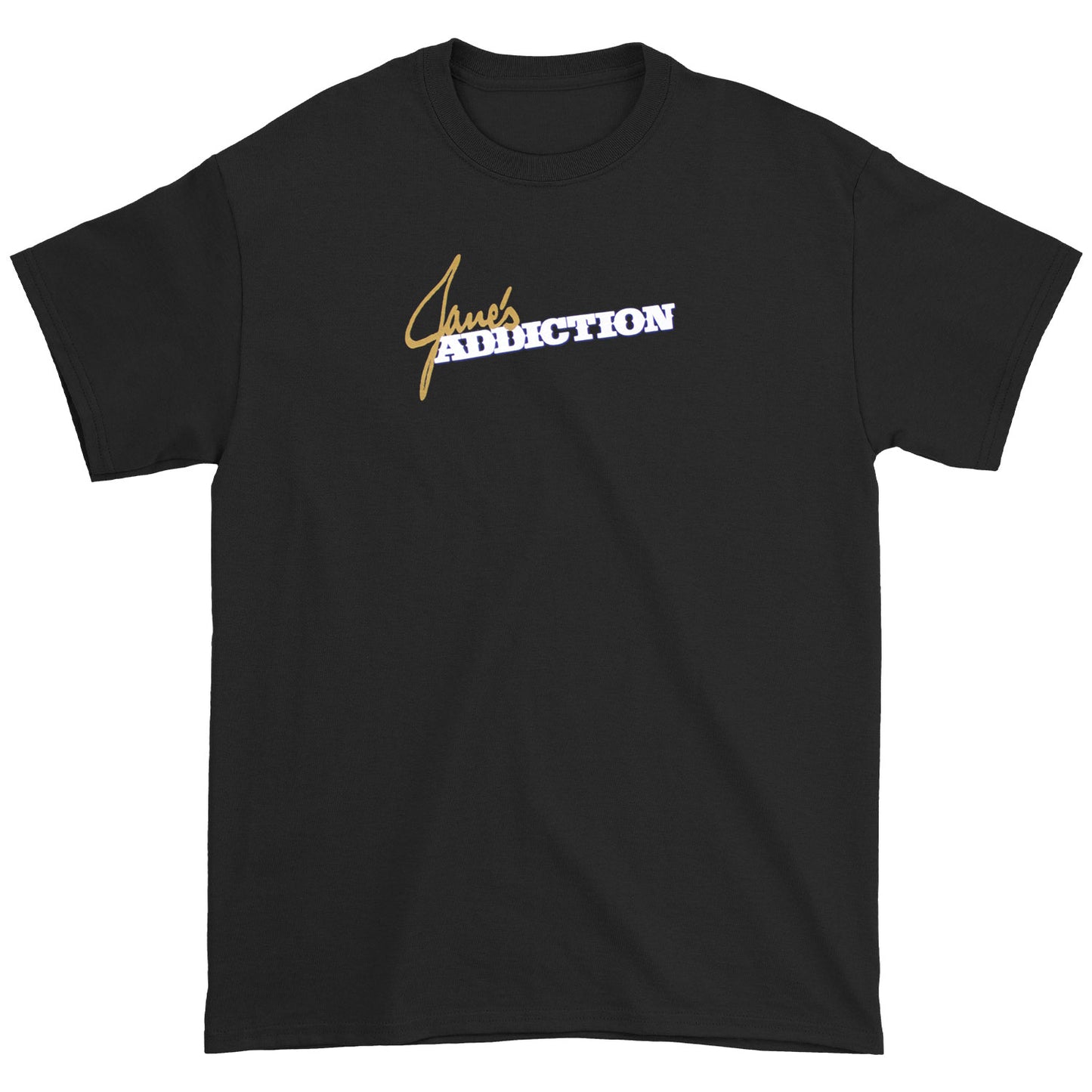 Janes Addiction Gold & White Classic Logo On Black T-shirt Front