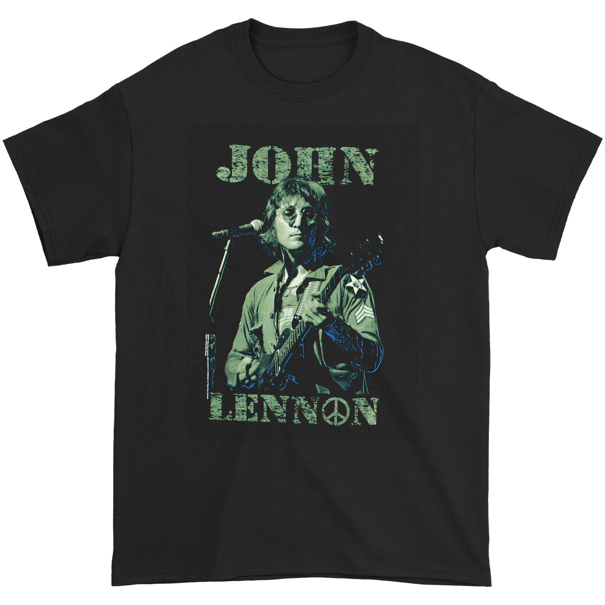 John Lennon Green Tone Playing Guitar Photo & Logo T-shirt Front