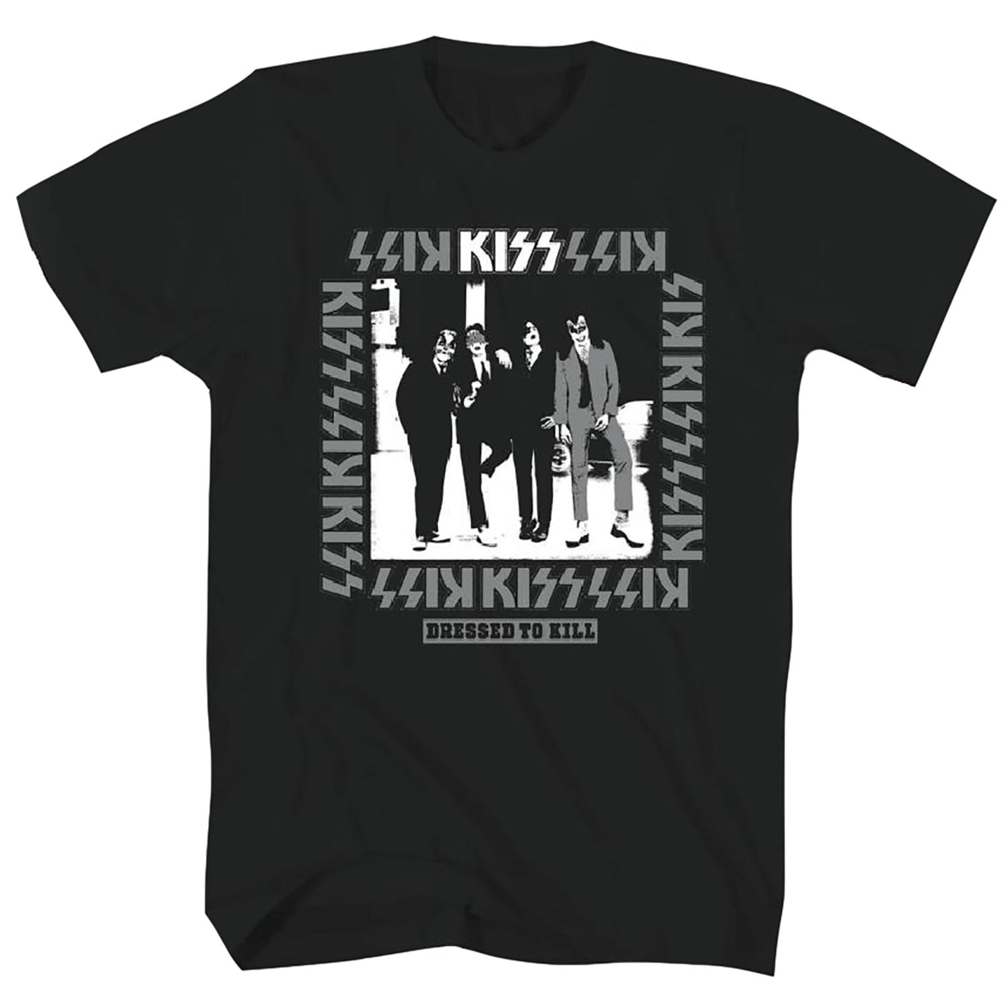 KISS Dressed To Kill In Grey, Black & White T-shirt Front