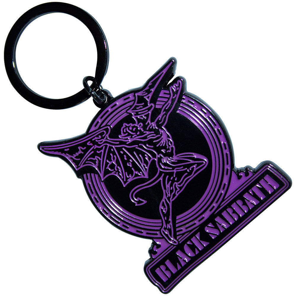 Black Sabbath Purple Text Logo & Daemon Metal Key Chain Front