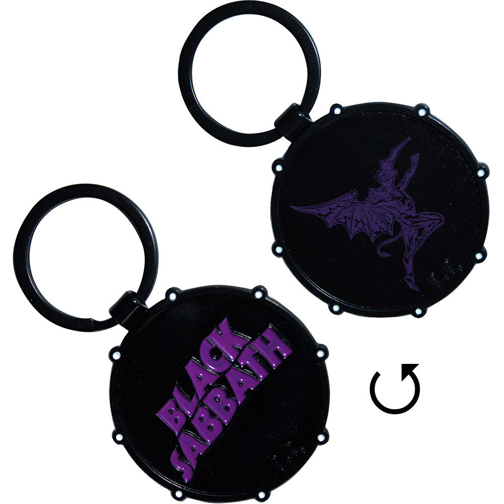 Black Sabbath Wavy Logo & Daemon Drum Metal Key Chain Front