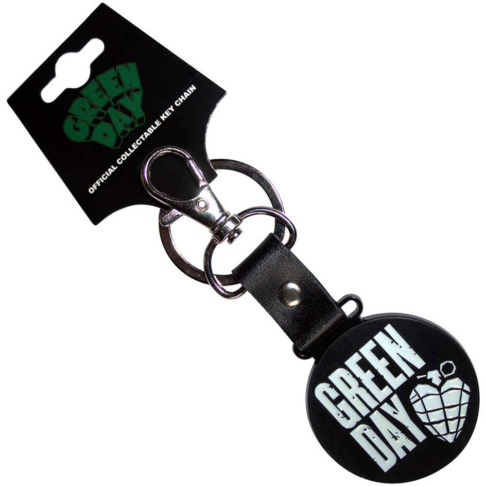 Green Day Stacked Logo & Grenade Circle Metal Key Chain Front