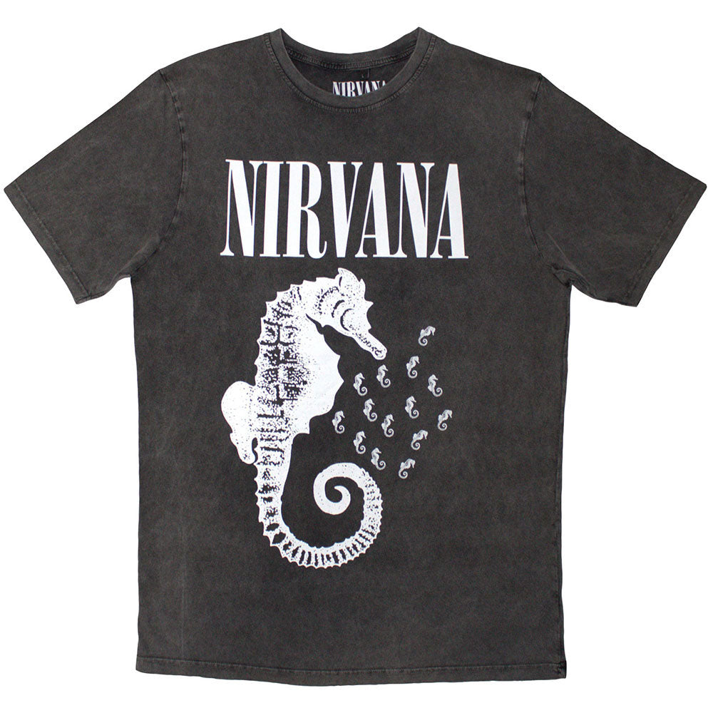Nirvana Seahorse & Logo Mono Stone Wash T-shirt Front