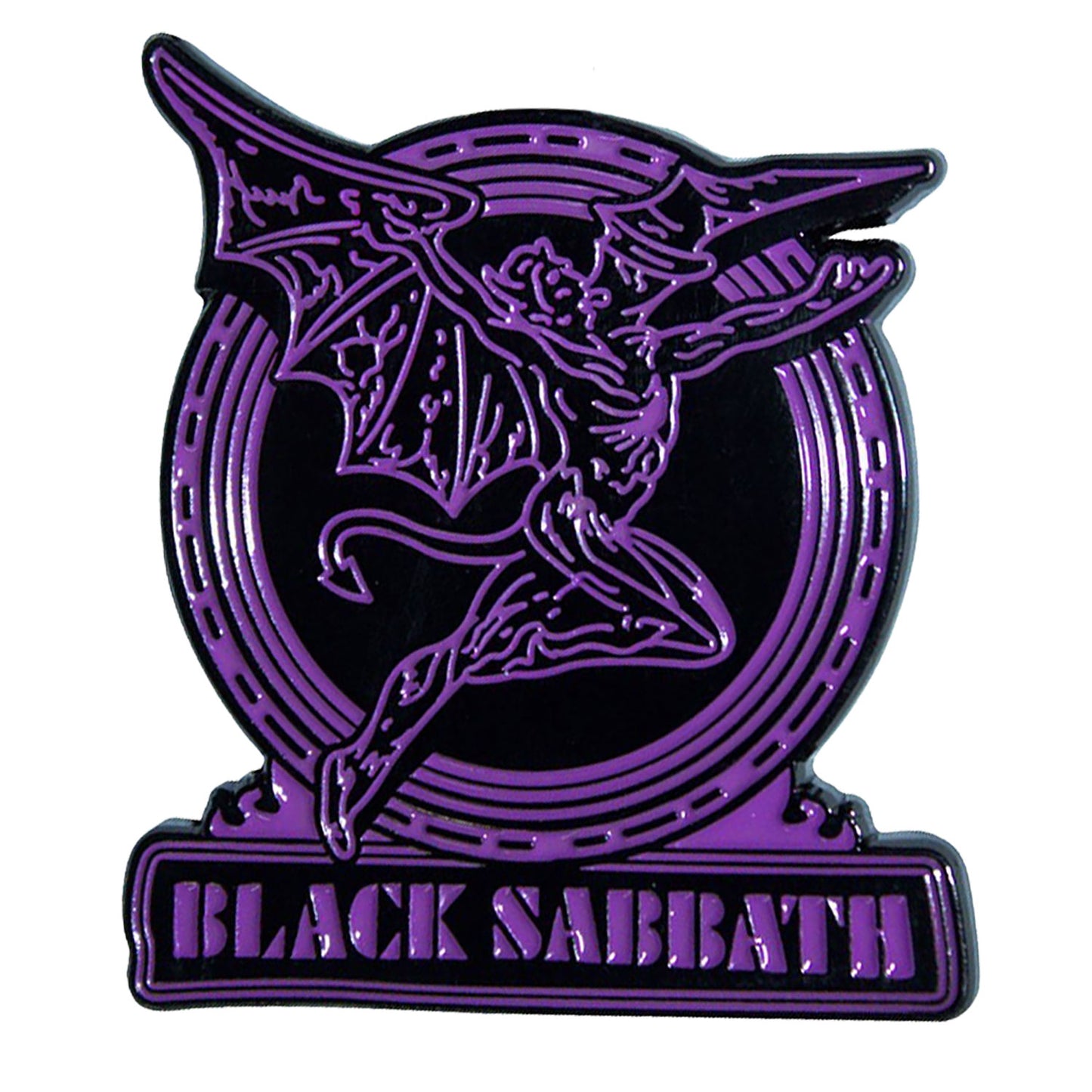Black Sabbath Purple Text Logo & Daemon Pewter Pin Badge Front