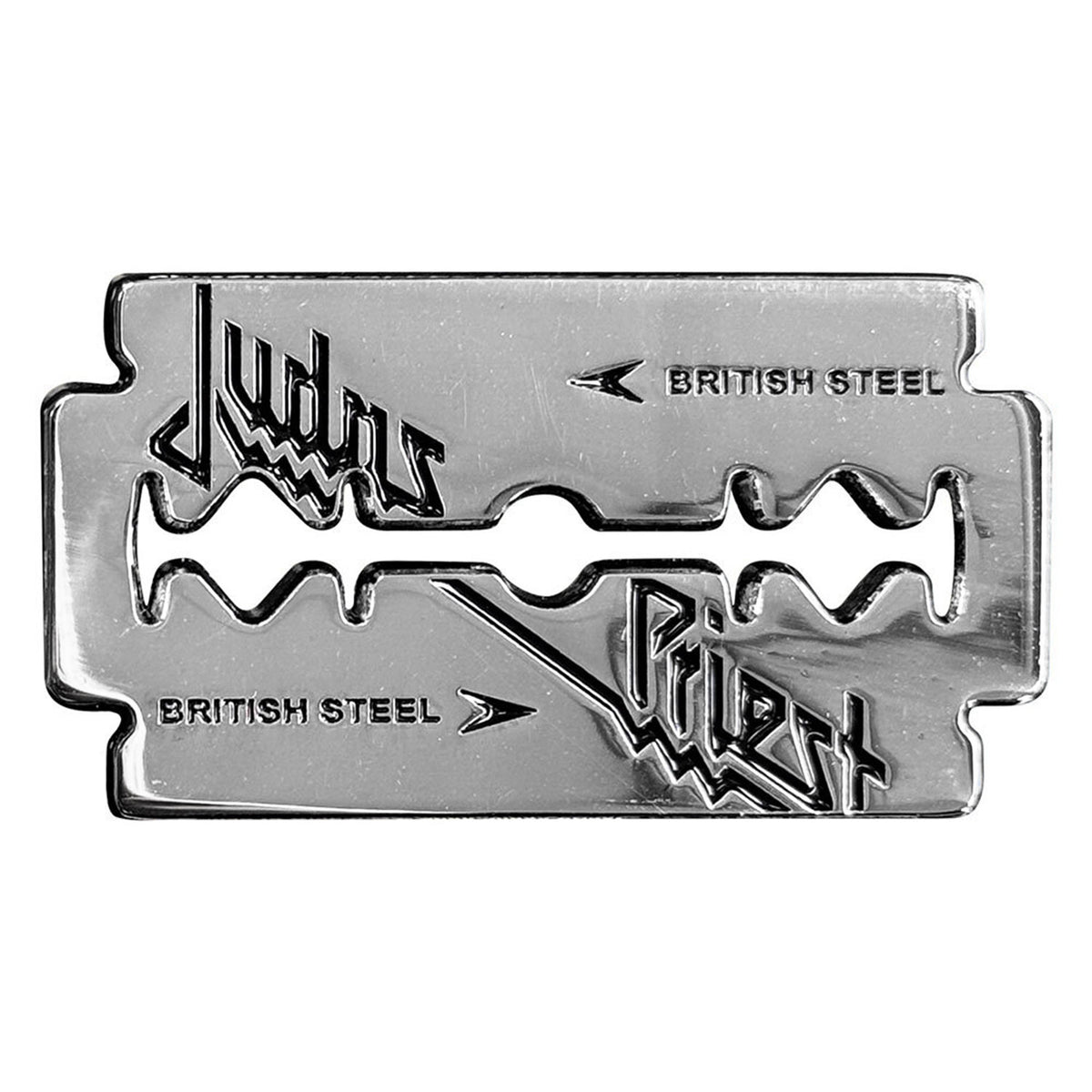 Judas Priest British Steel Razor Blade Pewter Pin Badge Front