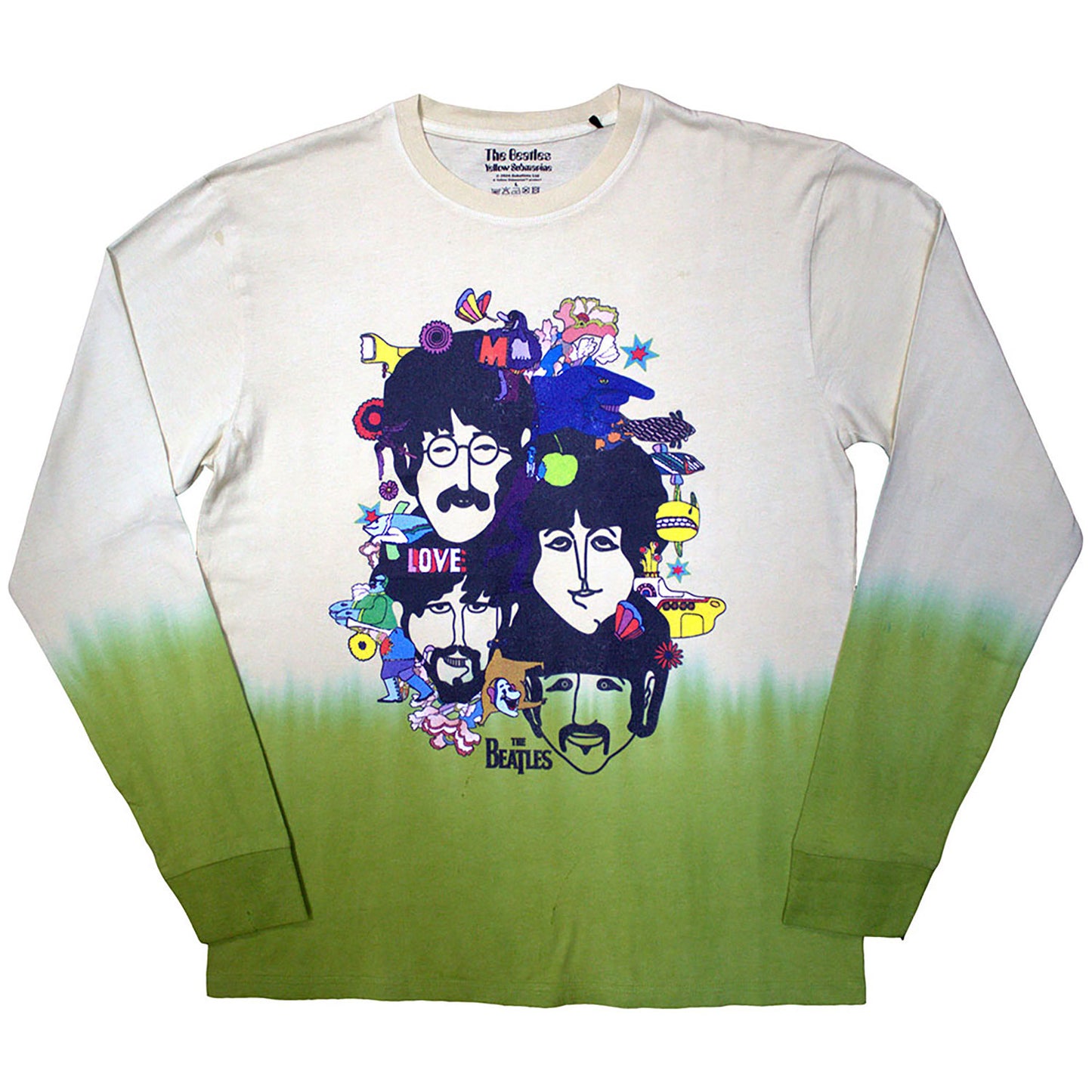 Beatles Yellow Submarine Heads Collage Stone Wash Long Sleeve Front