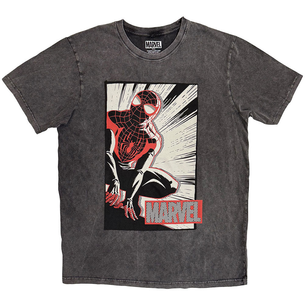 Marvel Comics Spider-man Crouch Cartoon Stone Wash T-shirt Front