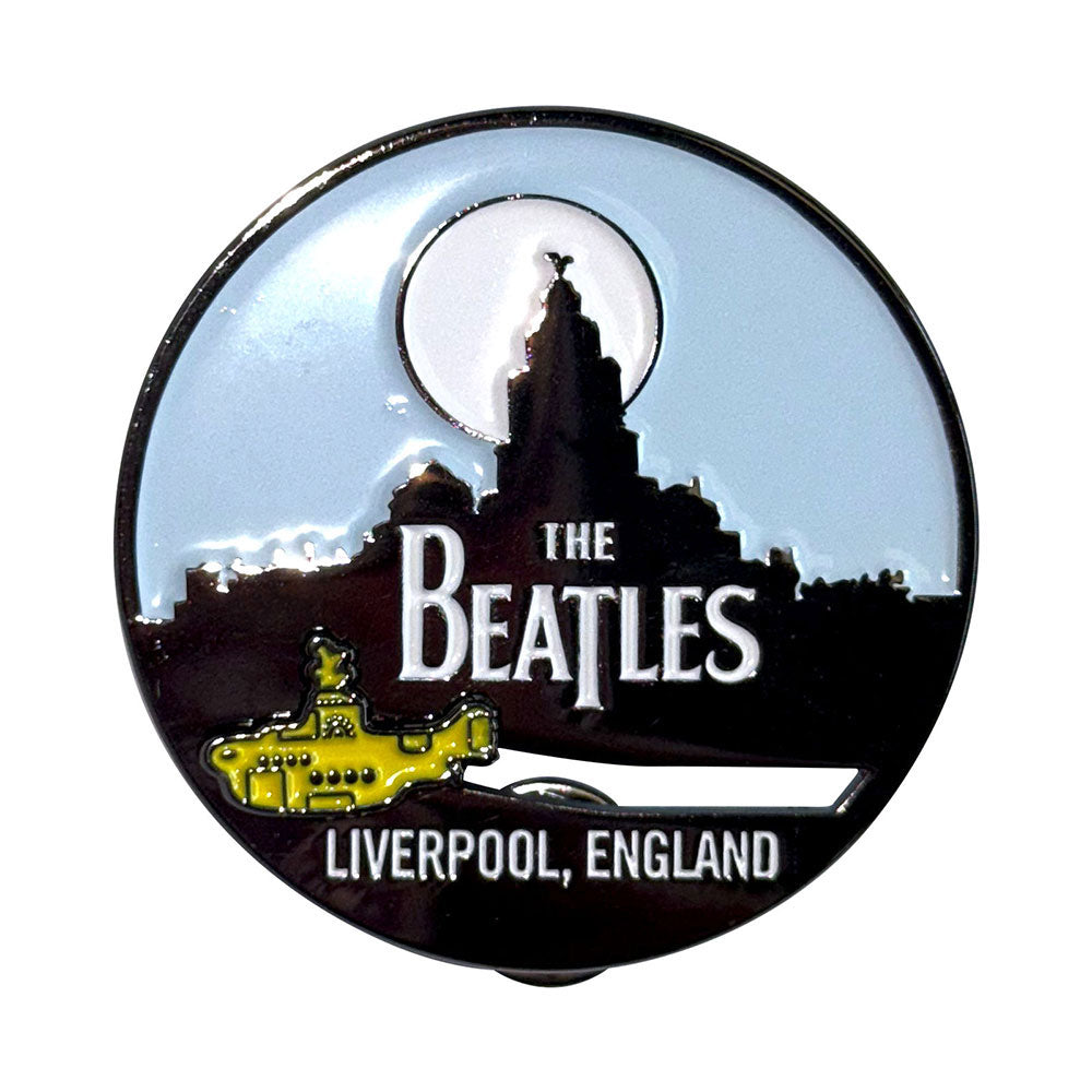 Beatles Liverpool Skyline & Yellow Submarine Pewter Pin Badge Front