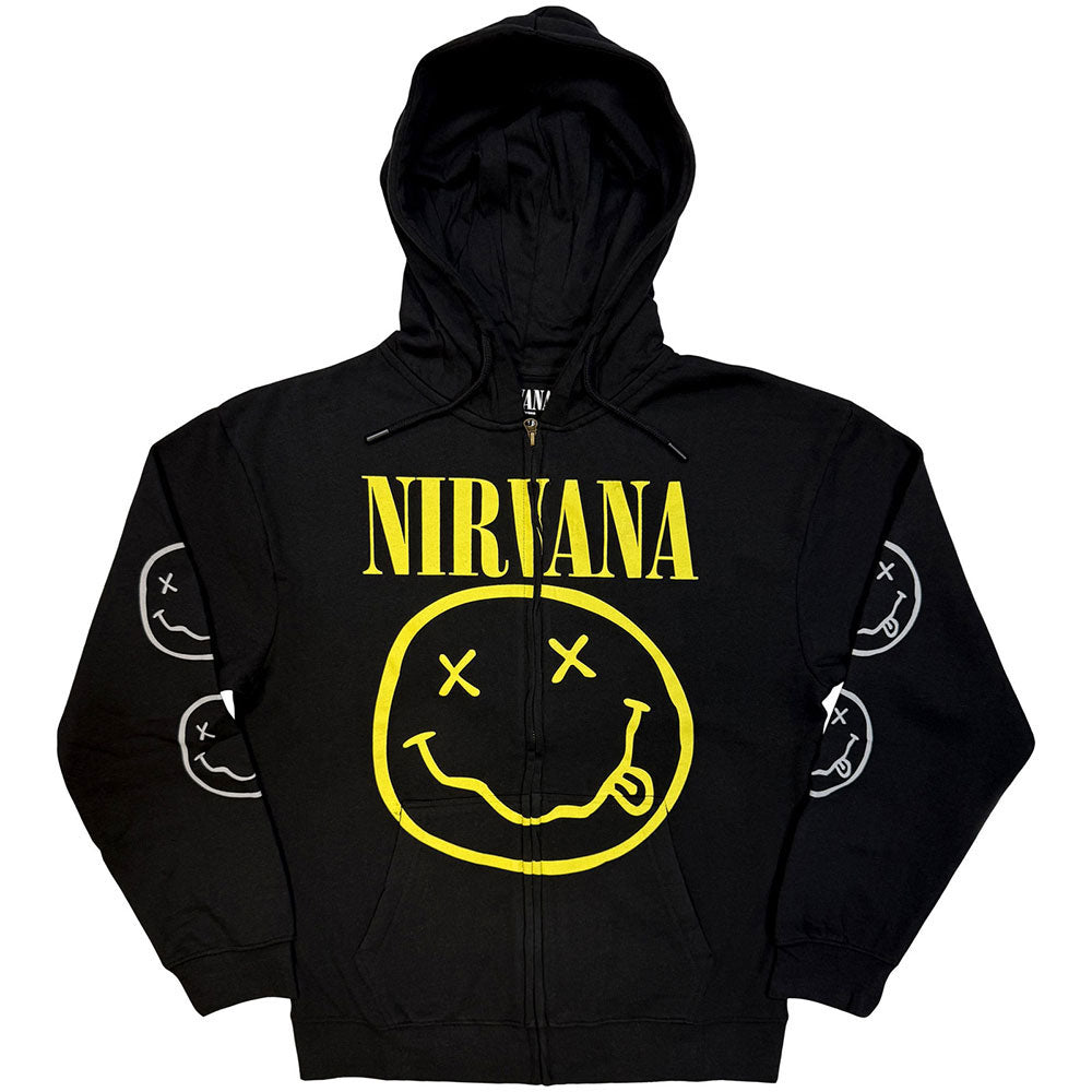 Nirvana Yellow Happy Face Zippered Hooded Sweatshirt Front