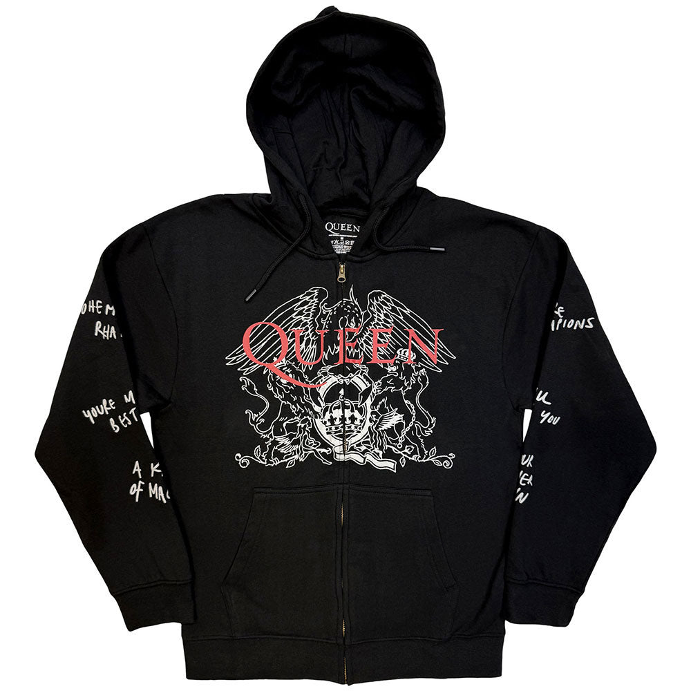 Queen Logo & Crest Outline Zippered Hooded Sweatshirt Front