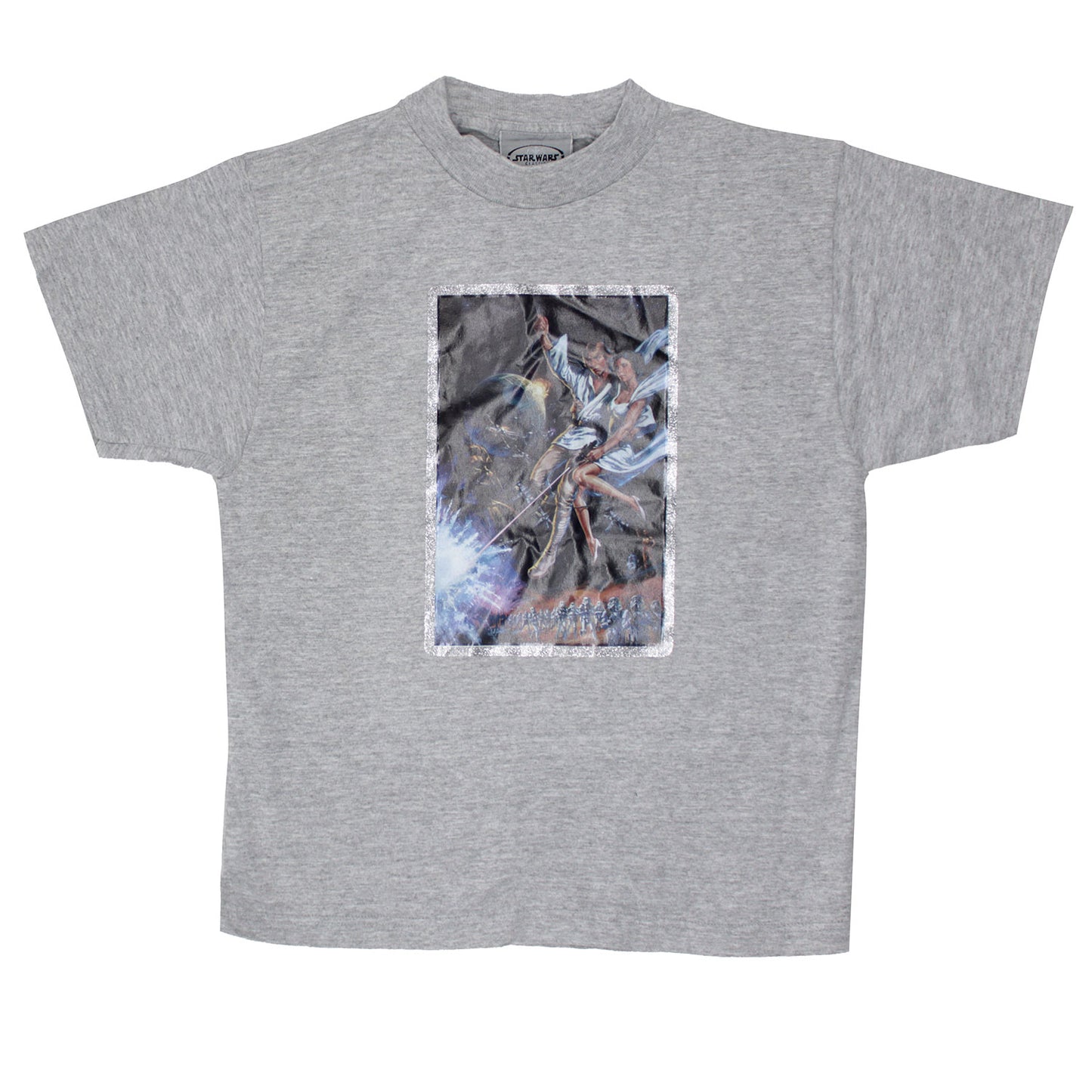 Star Wars Retro Heat Transfer On Heather Grey Youth Tee T-shirt Front