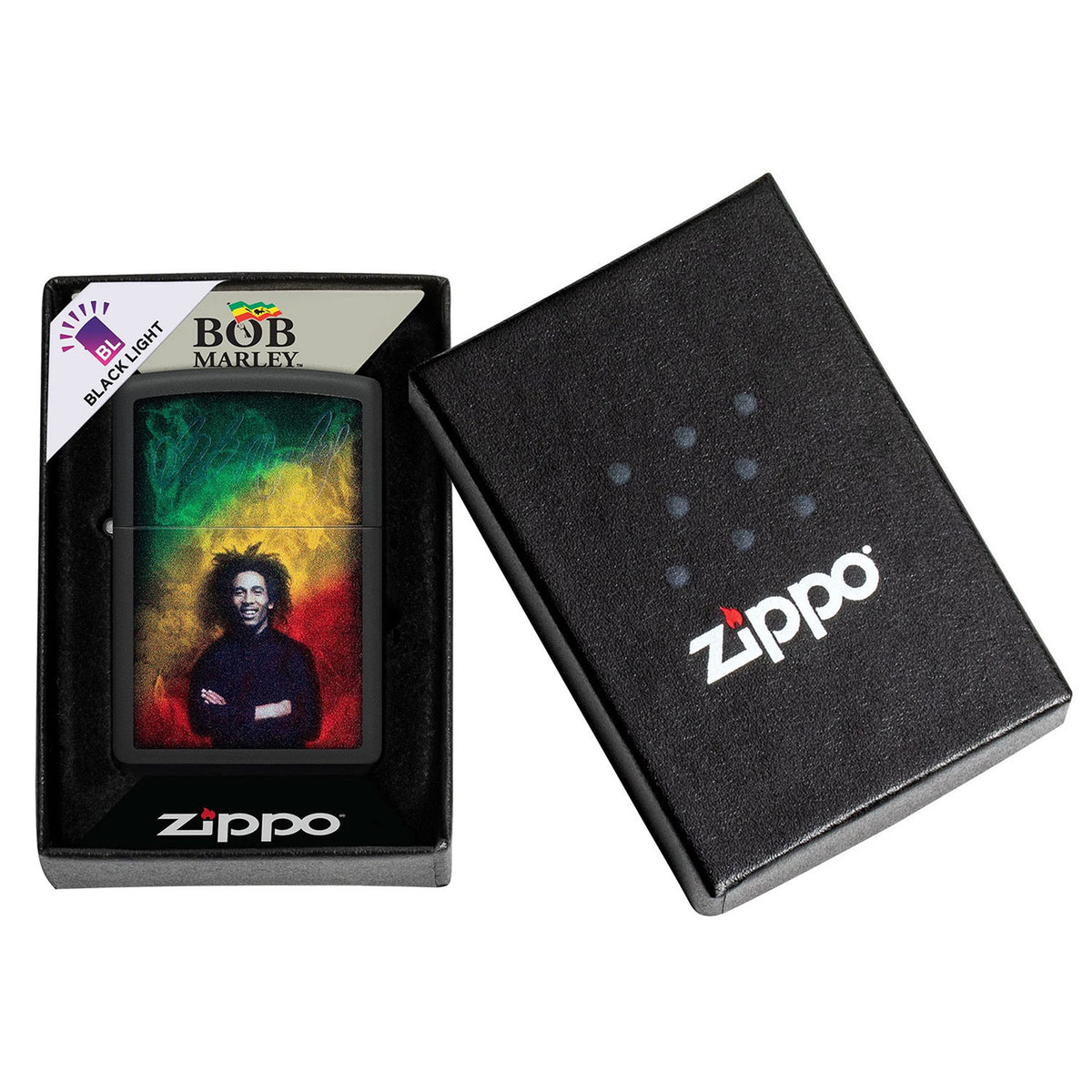 Bob Marley Black Light Arms Crossed Refillable Lighter Back