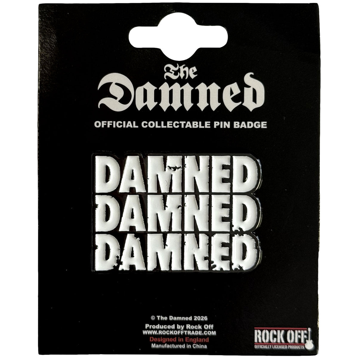 Damned Stacked Logo Pewter Pin Badge Front