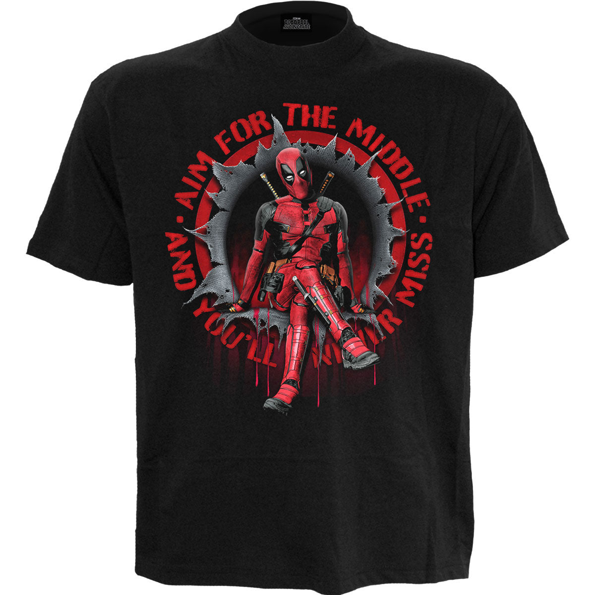 Marvel Comics Deadpool Aim For The Middle T-shirt Front