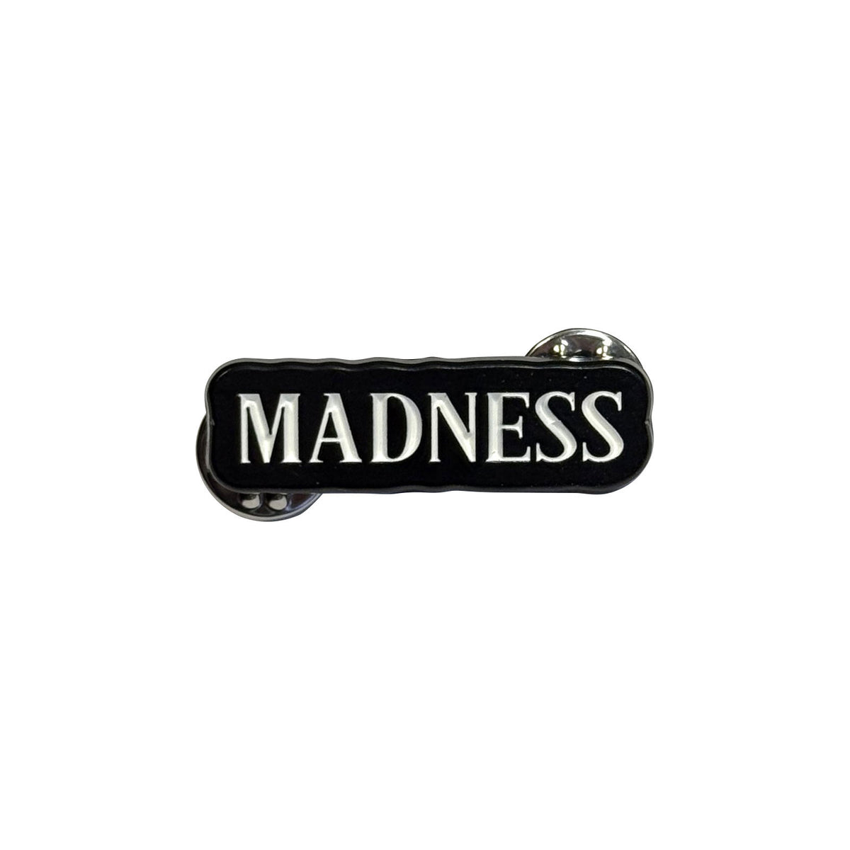 Madness Text Logo Pewter Pin Badge Front