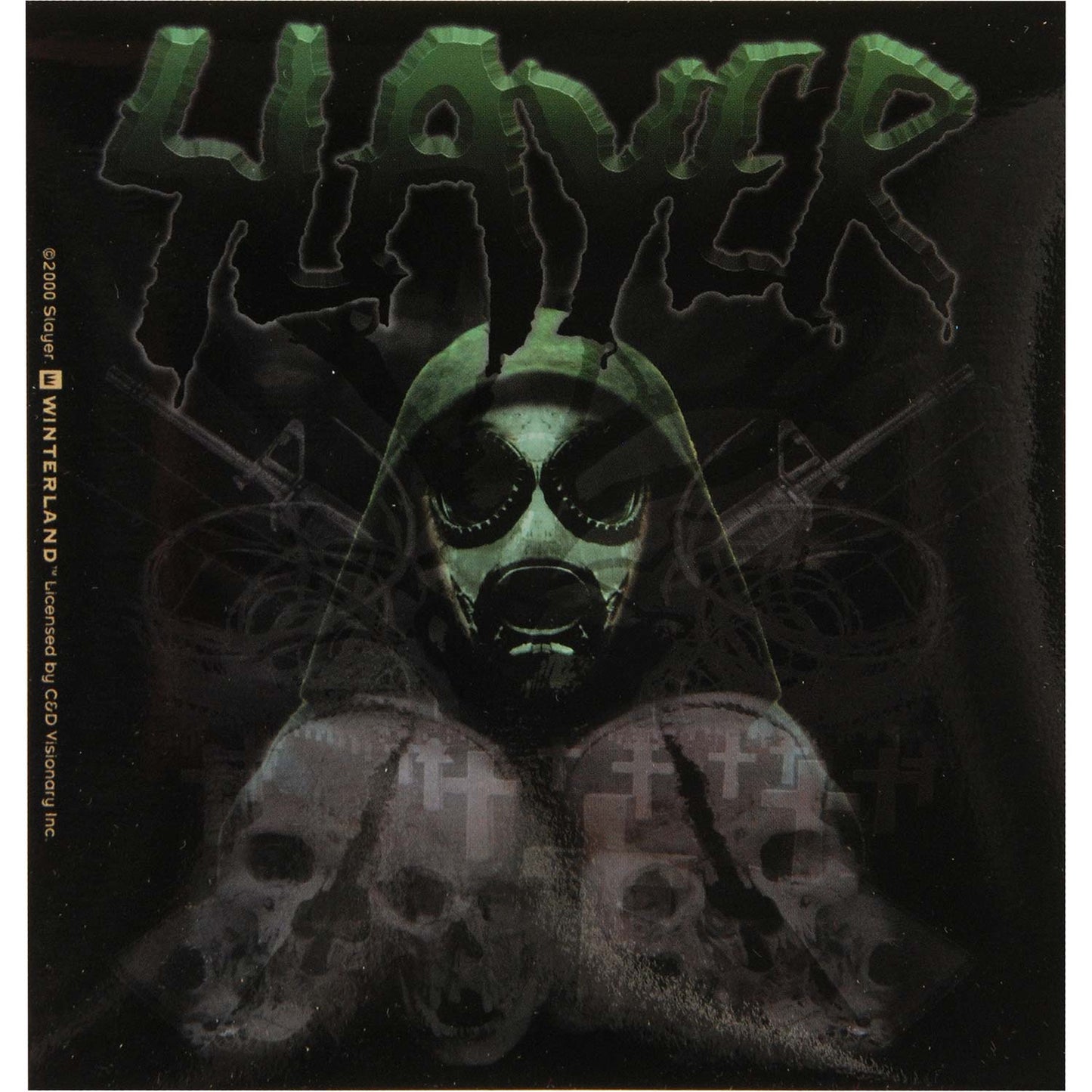 Slayer Gas Mask With Skulls, Graves & Swords Logo Collage (4.75" x 5") Sticker Front