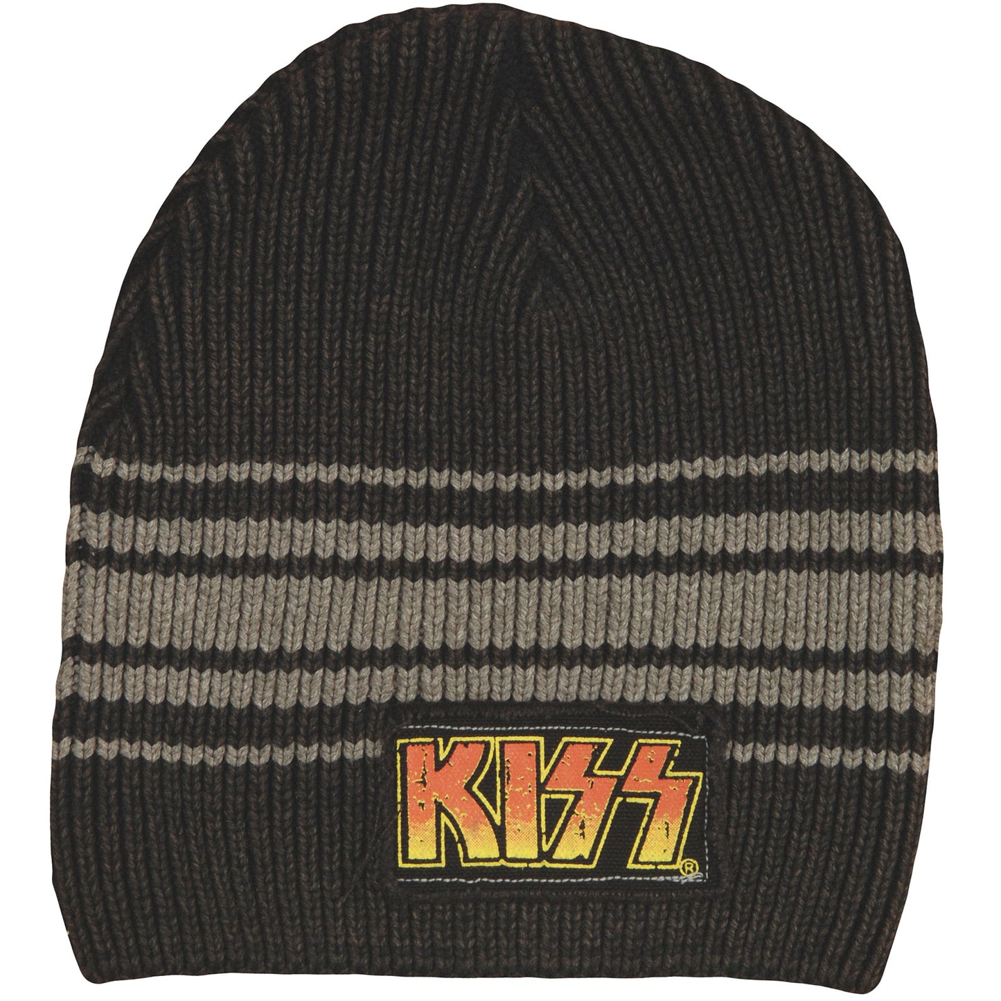 KISS Black Beanie With Grey Stripes/Logo Sewn on Patch Beanie