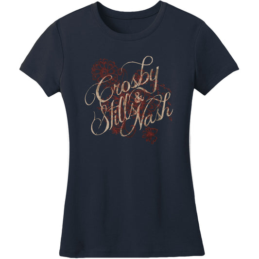 Crosby Stills Nash Young Flower/Script Names Junior Top Front