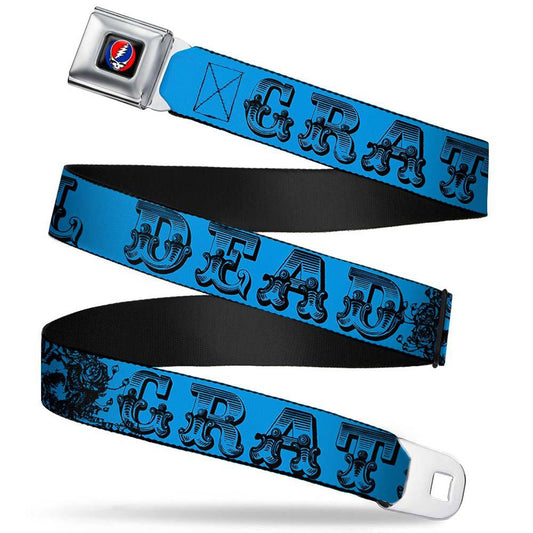 Grateful Dead Text With Skull & Roses Turquoise Seatbelt Buckle Belt