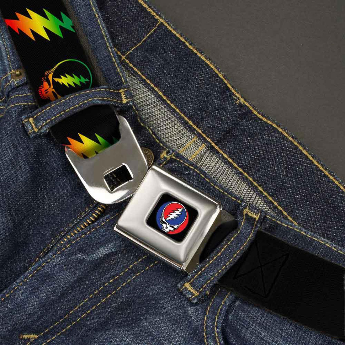 Grateful Dead Steal Your Face With Lightning Bolt Repeat Black Seatbelt Buckle Belt