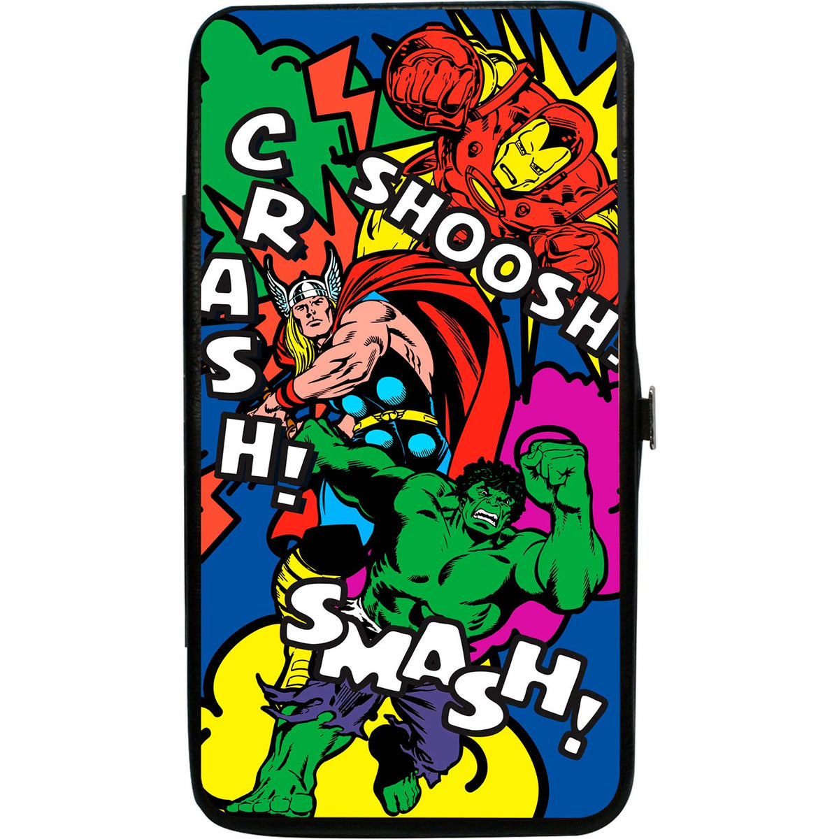 Marvel Comics Retro Iron Man-Shoosh!/Thor-Crash!/Hulk-Smash! Pop Collage Multi Color Girls Wallet Front