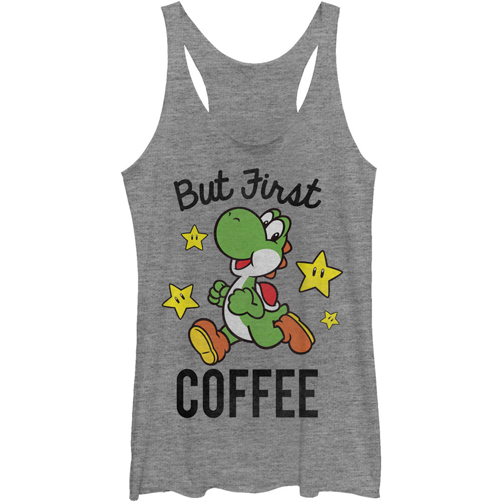 Nintendo But First - Heather - Racerback Womens Tank