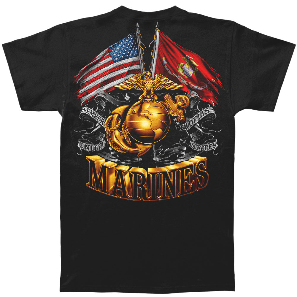 Novelty Double Flag Gold Globe Marine Corps Gold Foil T-shirt