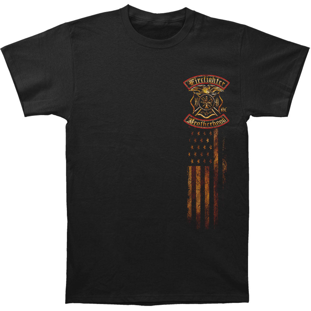 Novelty Firefighter Double Flagged Brotherhood Distressed Gold Foil T-shirt