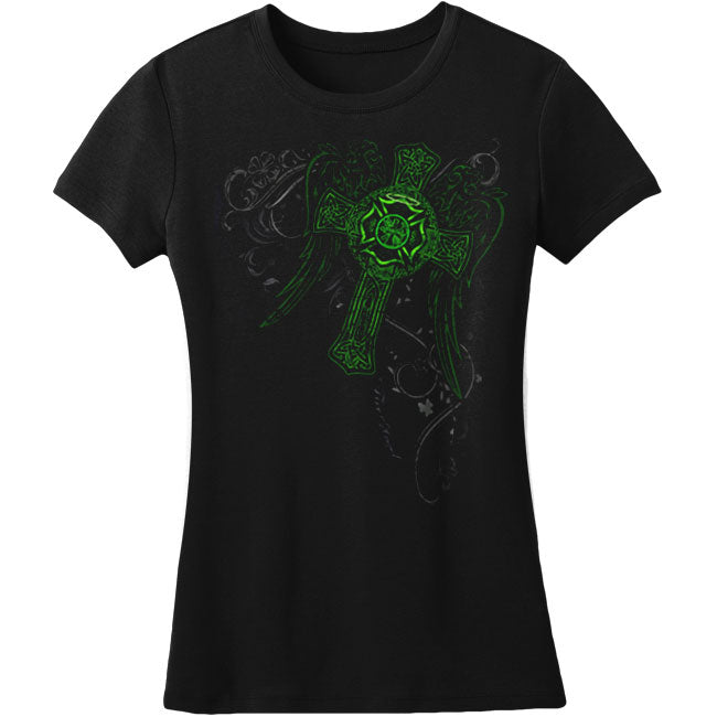 Novelty Firefighter Fire Angel Irish Cross T-shirt