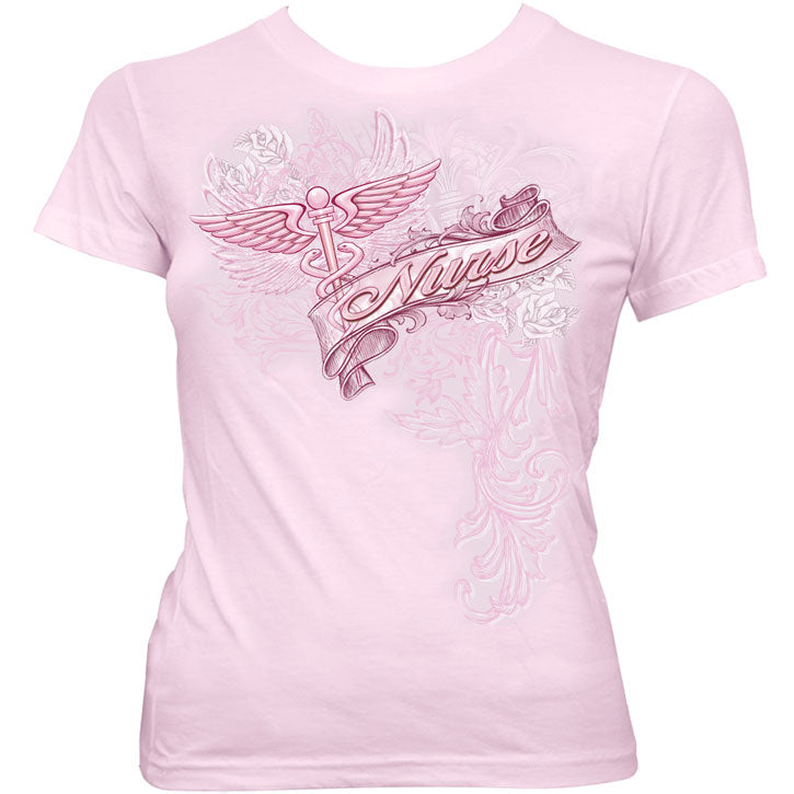 Novelty Nursing Victorian Script Pink Foil T-shirt