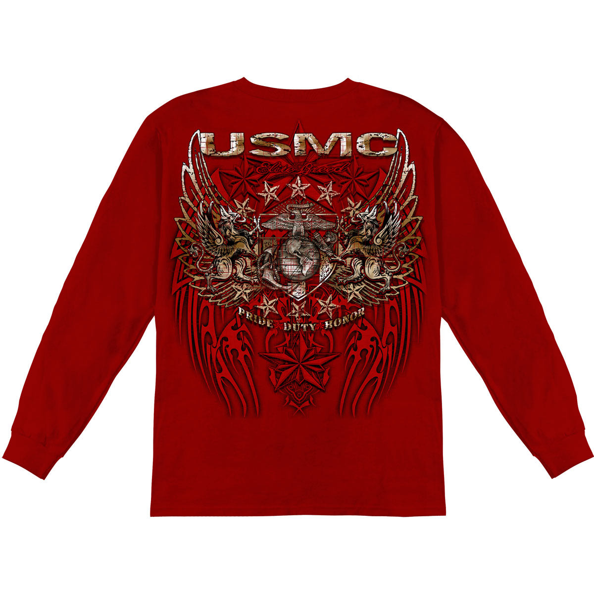 Novelty USMC Prid Duty Honor Stars Foil Stamp Long Sleeve Back