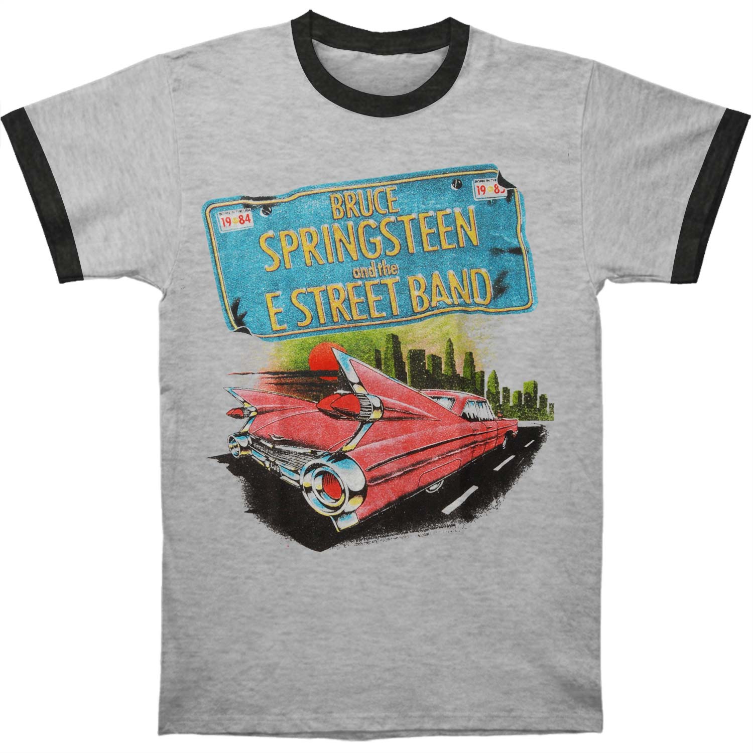Bruce Springsteen Pink Car Tin He Gy/Bk Ringer T Slim Fit T-shirt
