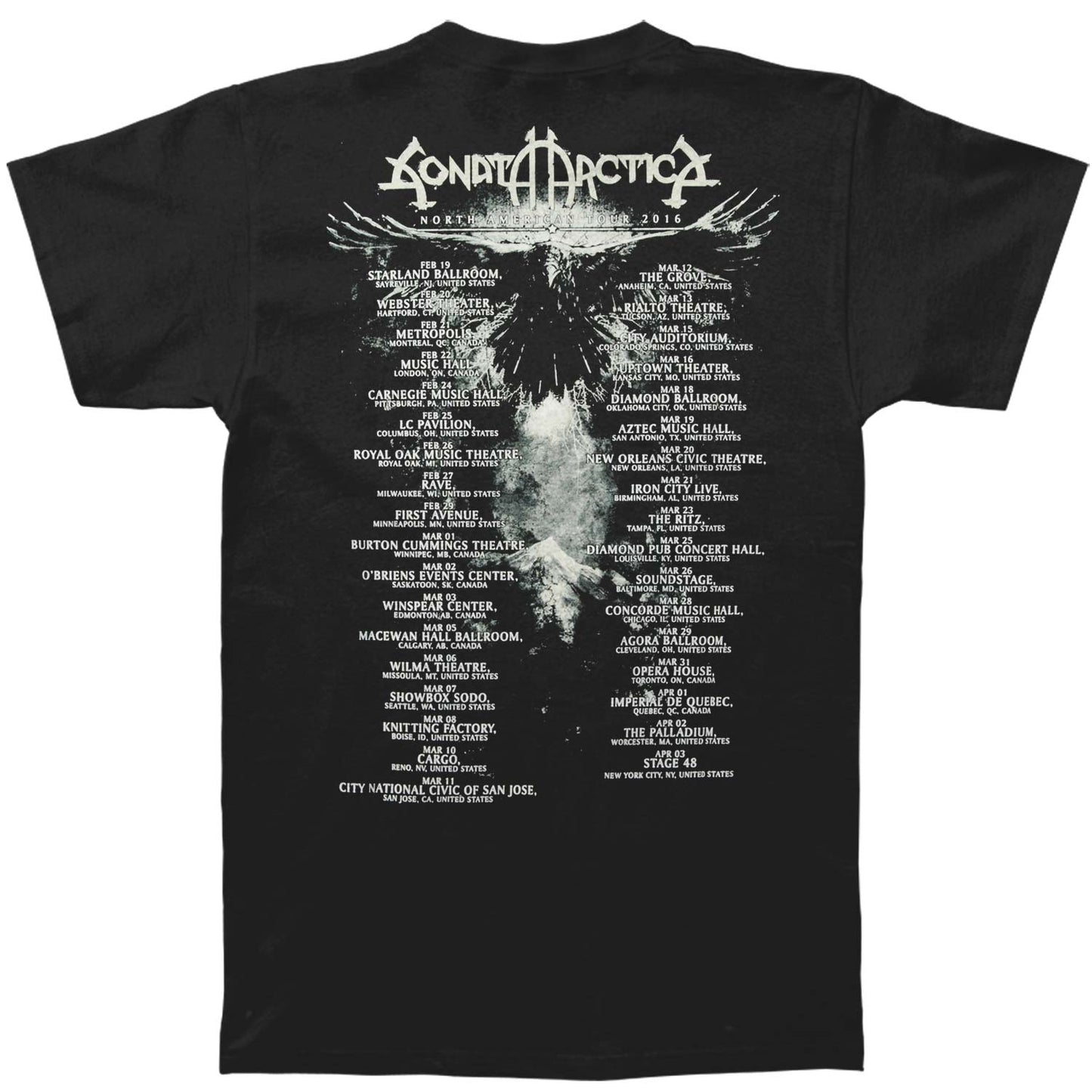 Sonata Arctica Pariah Tour Dates T-shirt Back