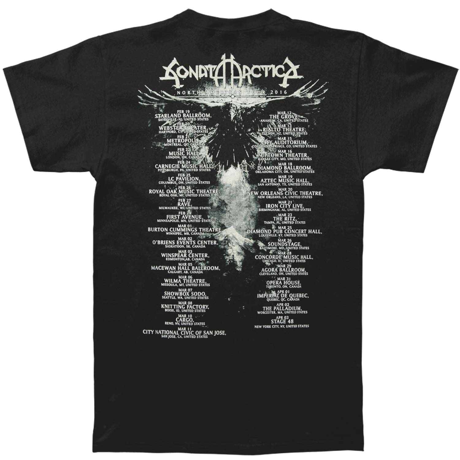 Sonata Arctica Pariah Tour Dates T-shirt Back