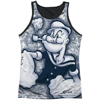 Popeye Tattooed Sailor Black Back Mens Tank Front
