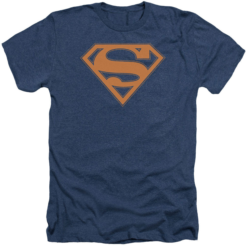 Superman Navy & Orange Shield Adult Heather 40% Poly T-shirt Front