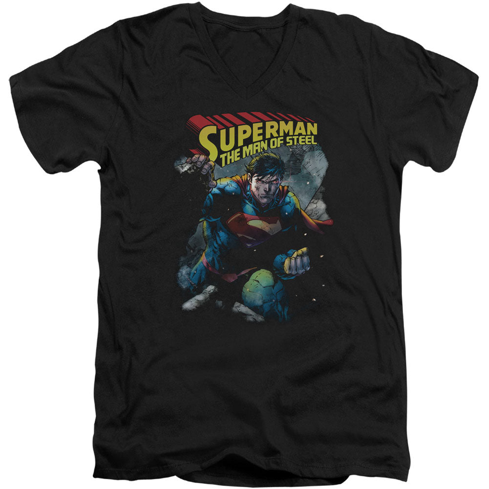 Superman Through The Rubble Adult V-Neck Slim Fit T-shirt Front