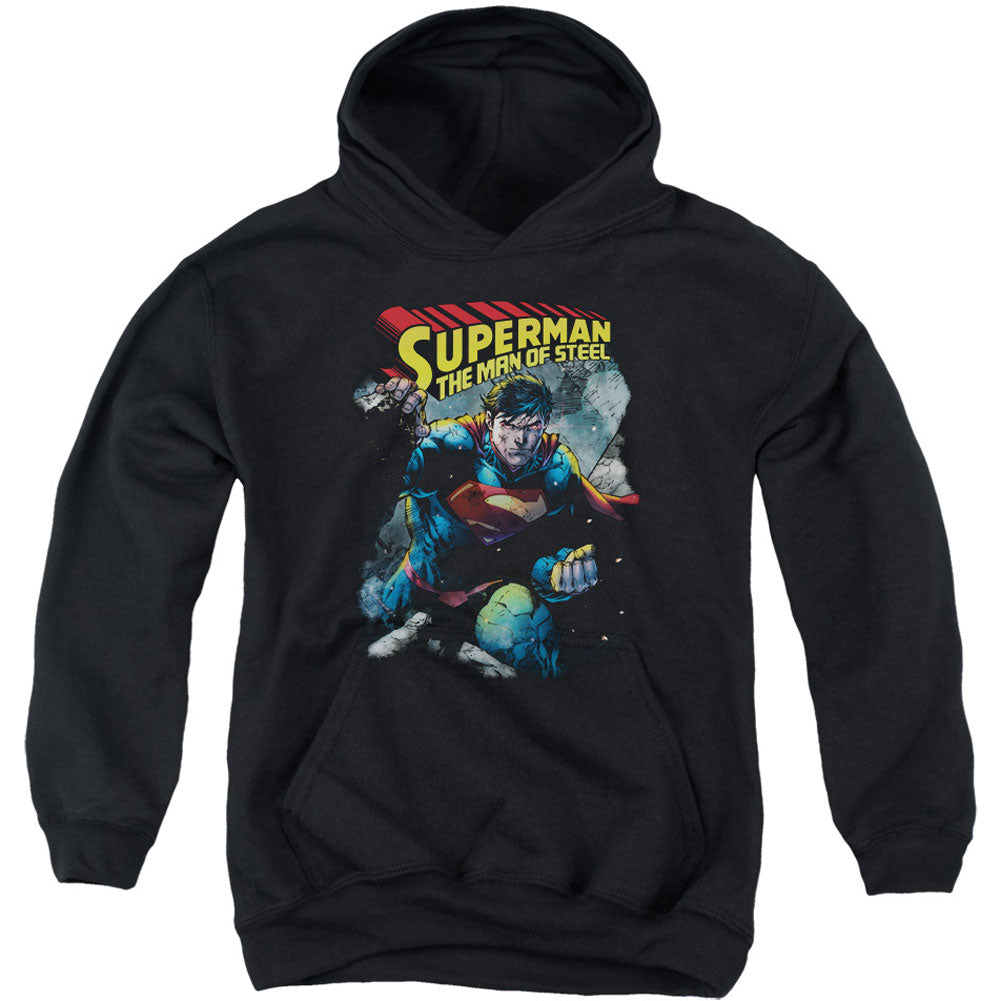 Superman Through The Rubble Youth 50% Poly Hooded Sweatshirt Front