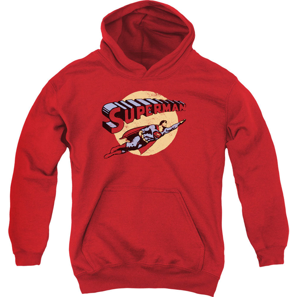 Superman Fly By Youth 50% Poly Hooded Sweatshirt Front