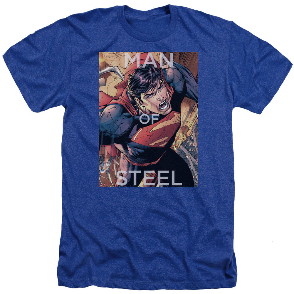 Superman Flight Of Steel Adult Heather 40% Poly T-shirt Front