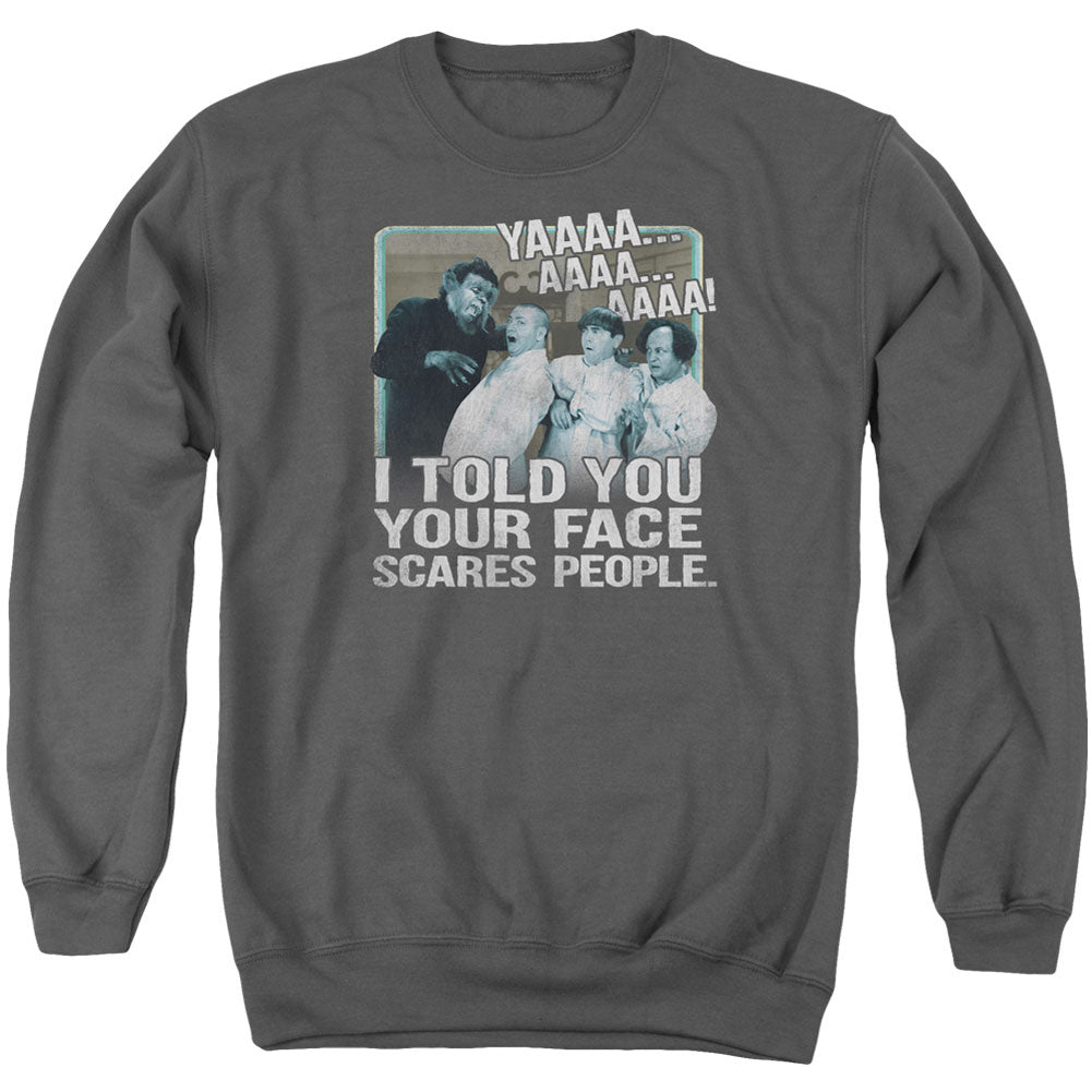 Three Stooges Scares People Adult Sweatshirt Front