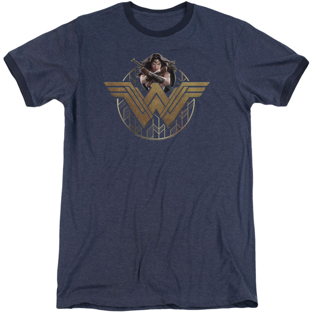 Wonder Woman Power Stance And Emblem Adult Ringer T-shirt