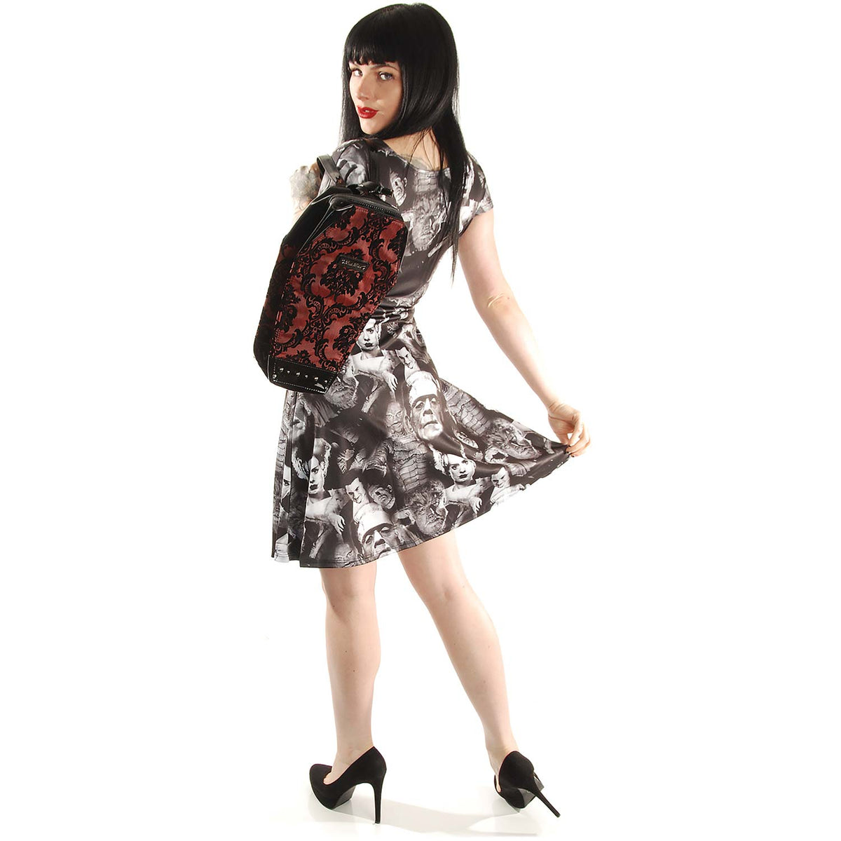 Rock Rebel Damask Coffin Backpack In Red Girls Handbag Back