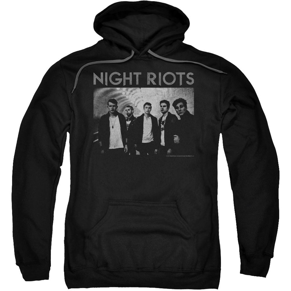 Night Riots Greyscale Adult 25% Poly Hooded Sweatshirt Front