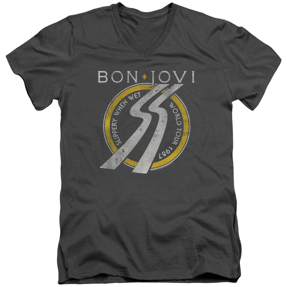 Bon Jovi Slippery When Wet World Tour Adult V-Neck Slim Fit T-shirt Front