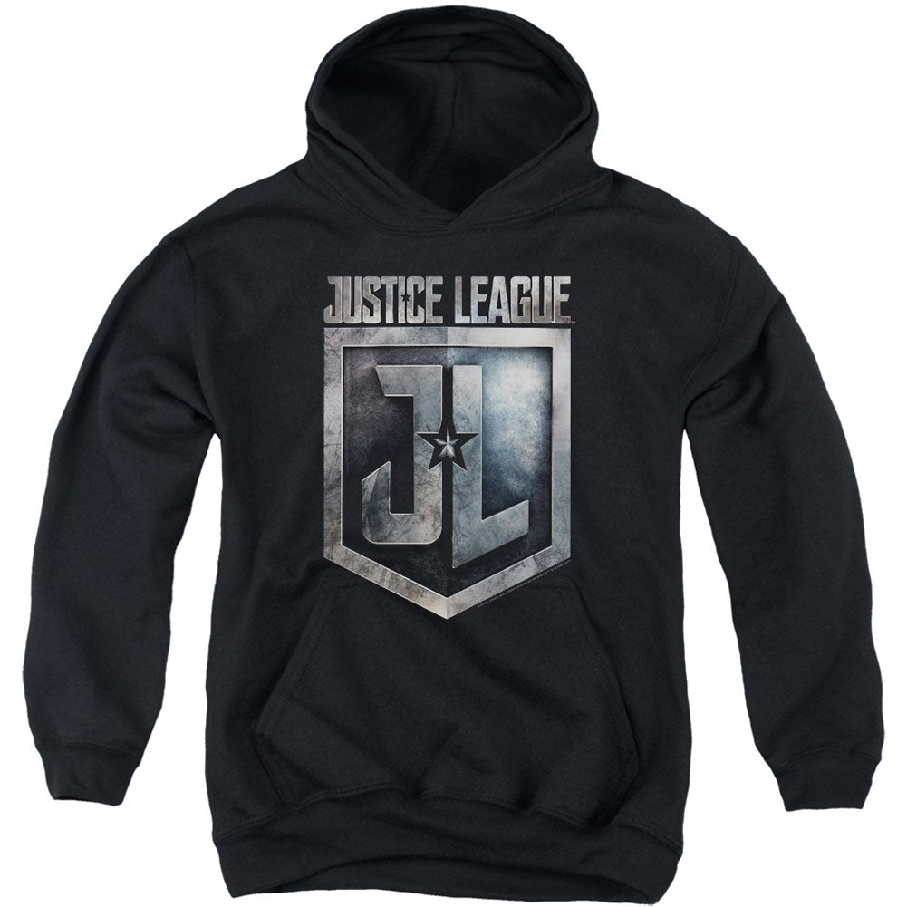Justice League Shield Logo Youth 50% Poly Hooded Sweatshirt Front